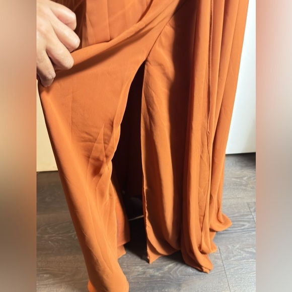 Cinnamon Orange A-Line Side Slit Chiffon Dress - Picture 4 of 9